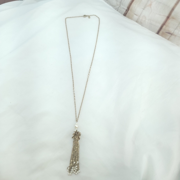 Loft White Beaded Tassel Long Gold Necklace - Picture 2 of 6